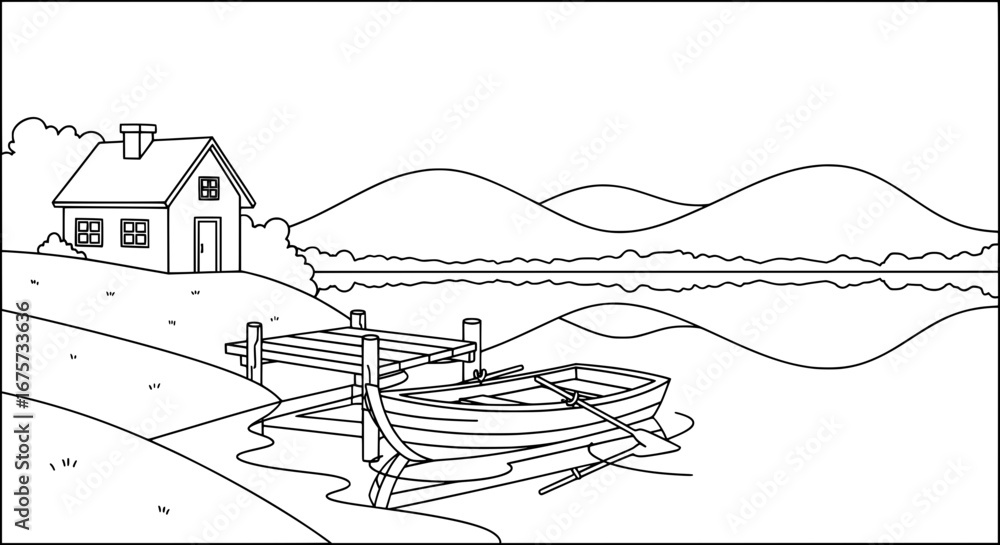 Obraz premium Scenic lakeside landscape with house and boat with transparent background