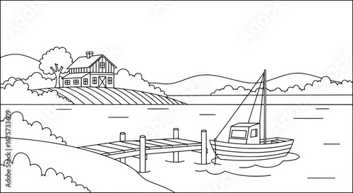 Scenic lakeside house with boat and dock on transparent background