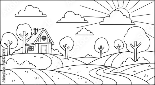 Scenic rural landscape with house trees and fields with transparent background
