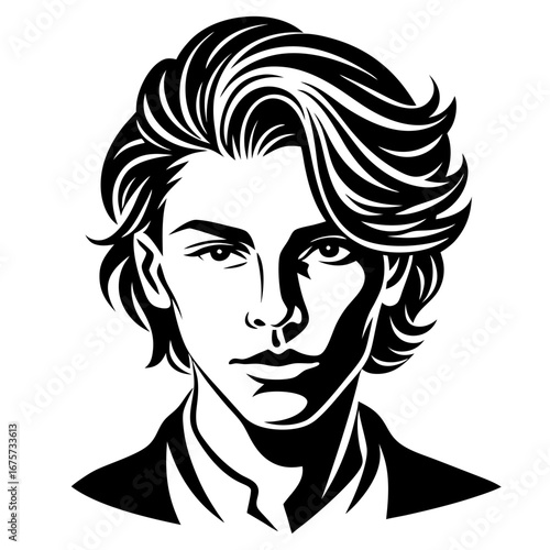High Contrast Black and White Portrait of a Young Man in Suit with Tousled Hair and Intense Gaze Conveying Quiet Confidence