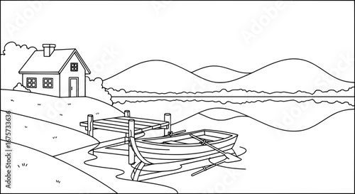 Scenic lakeside landscape with house and boat with transparent background