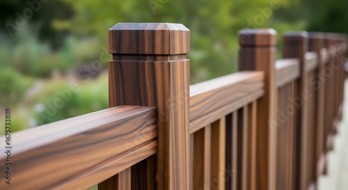 Close up of a wooden fence railing outdoors.