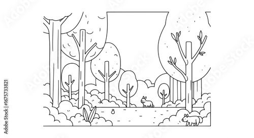 Forest scene with trees and wildlife with transparent background