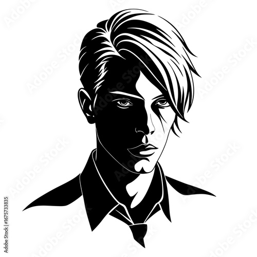 Dramatic black and white portrait of a young man in suit with tie, sharp jawline, intense gaze and confident style