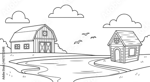 Black and white rural farm scene with transparent background