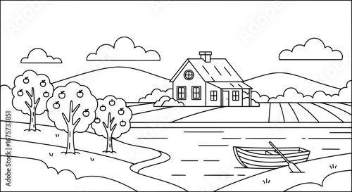 Rural landscape with house trees and water scene transparent background