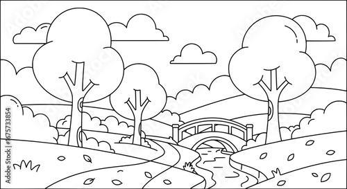 Scenic park landscape with trees and bridge with transparent background