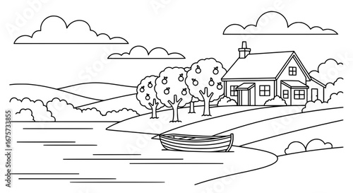 Lakeside house with trees and boats on transparent background