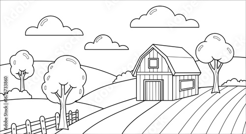 Barn and trees landscape with transparent background