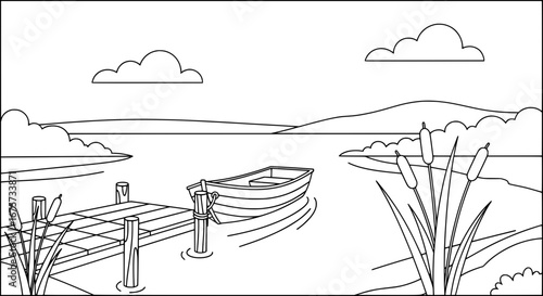 Serene lakeside scene with boat and nature elements with transparent background