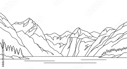 Mountain landscape with trees and river in outline style