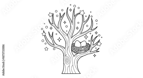 Tree with nest and stars with transparent background