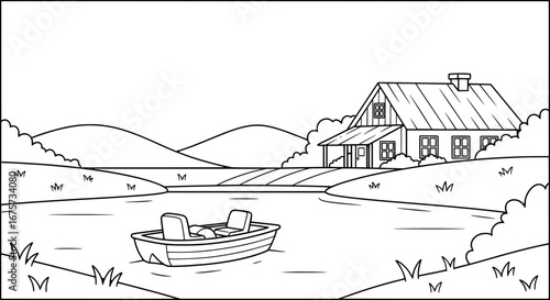 Rural landscape with a house and boat with transparent background