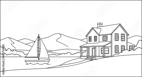 House and sailboat on a lakeside with transparent background