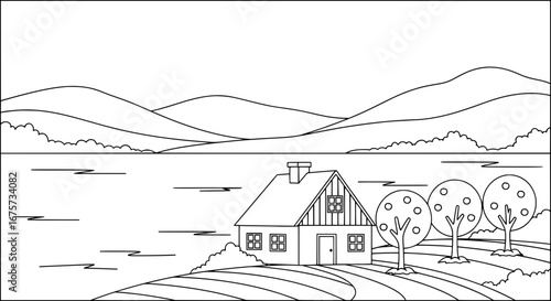 Minimal landscape of house with transparent background