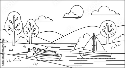 Scenic landscape with boats and trees on river with transparent background