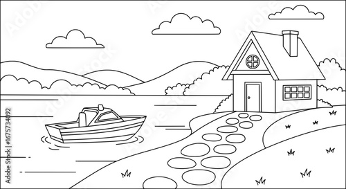 Lakeside house with boat and pathway with transparent background