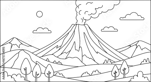 Erupting volcano with smoke and mountains with transparent background