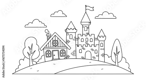 Castle with towers and surrounding landscape with transparent background