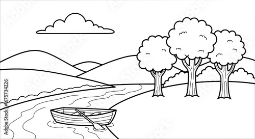 Scenic lakeside landscape with trees and boat with transparent background