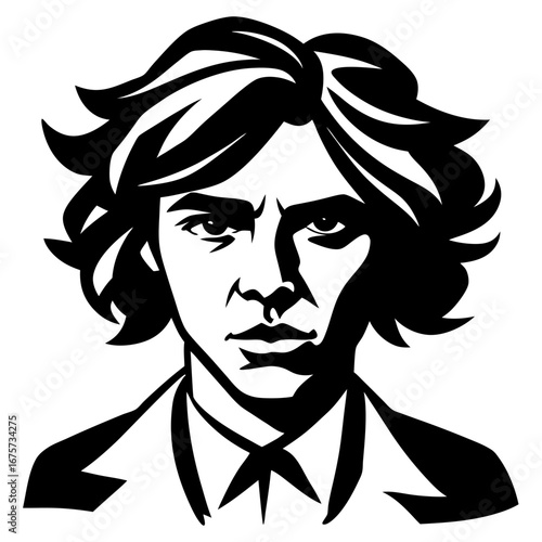 Woodcut-style portrait of young man in formal suit with bow tie, windswept hair and intense artistic expression