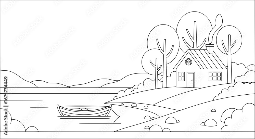 Obraz premium Scenic lakeside house with trees and boat with transparent background