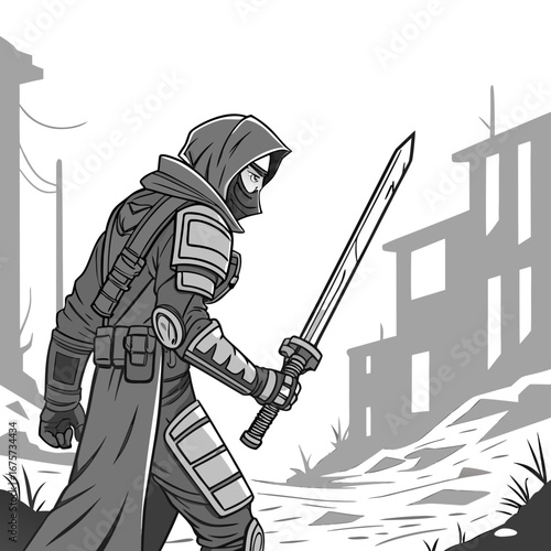 Illustration of a ninja warrior with sword in a ruined city landscape