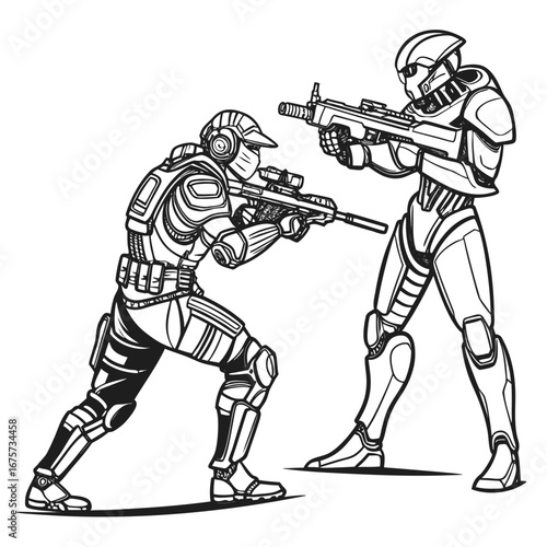 Two futuristic soldiers engage in combat