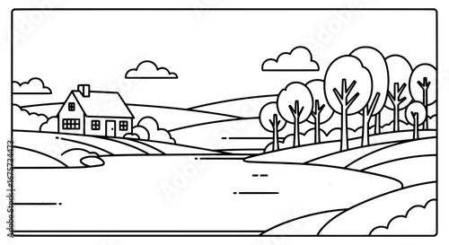 Landscape with house and trees with transparent background
