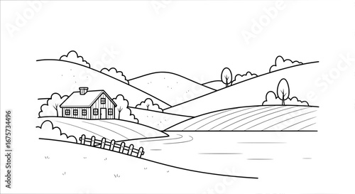Country landscape with rolling hills and house with transparent background