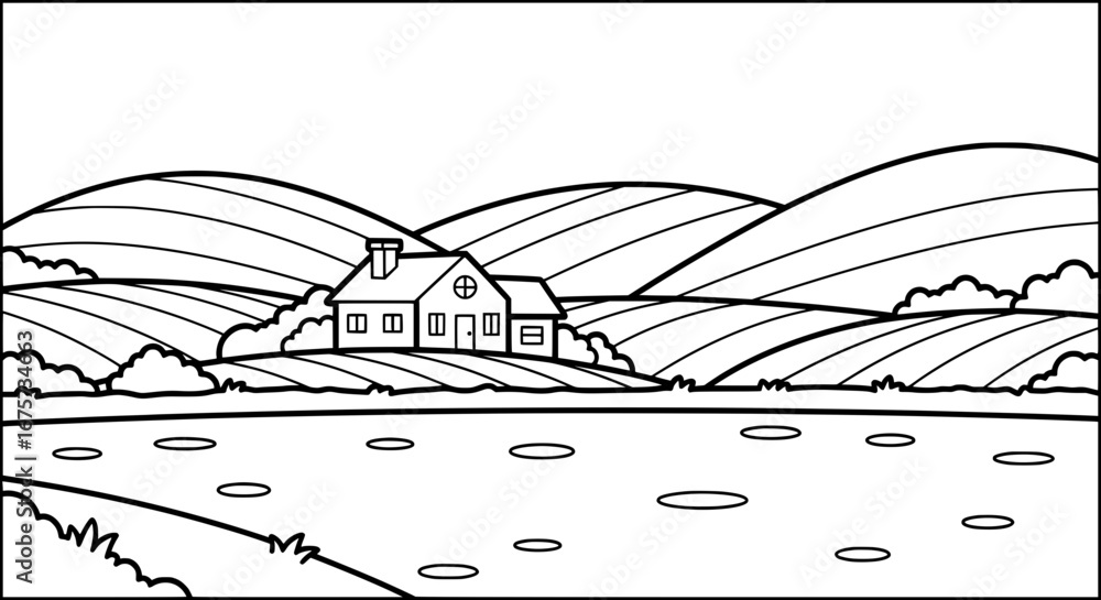 Fototapeta premium Landscape scene with house and rolling hills with transparent background