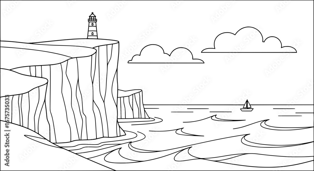 Obraz premium Cliffs and lighthouse along the coast with transparent background