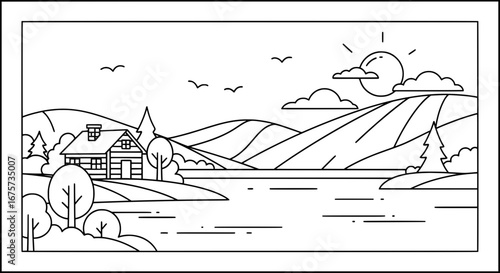Scenic mountain landscape with lake and trees with transparent background
