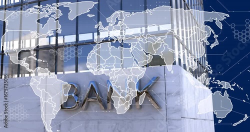 Animation of data processing and world map over bank office building
