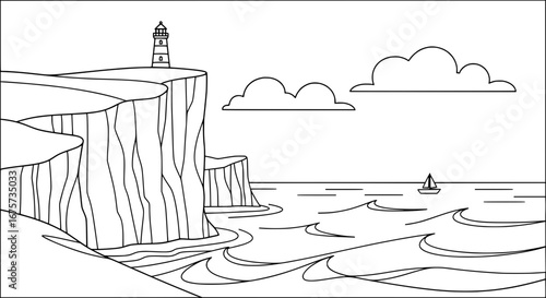 Cliffs and lighthouse along the coast with transparent background
