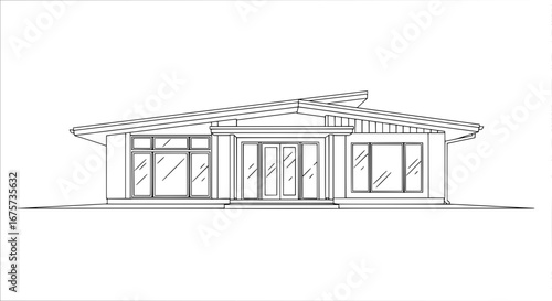 Modern house with large glass windows and sloped roof with transparent background