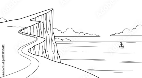 Coastal road along cliffs with transparent background