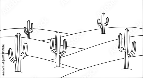 Desert landscape with cacti and rolling hills with transparent background