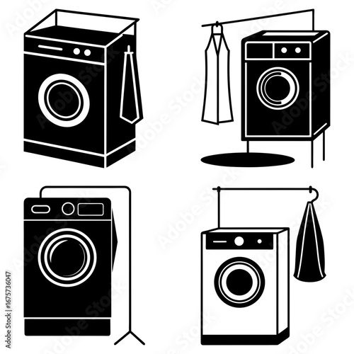 Illustration showing four washing machines with towels and clothes hanging in a laundry room setting