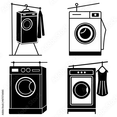 Four washing machines with hanging clothes in a graphic black and white minimalist design illustration