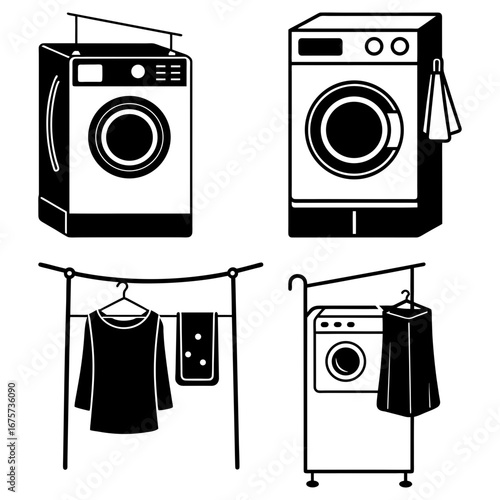 Illustration showcasing washing machines and clotheslines with hanging garments in monochrome style art