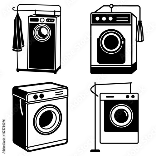 Illustration showing four washing machines in different styles and orientations in black and white style