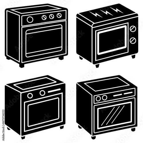 Four black and white ovens in an isometric view showcasing different oven styles and control panel designs