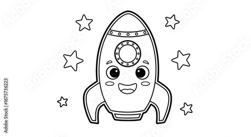 Cute happy rocket with stars on transparent background