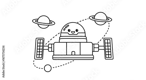 Robot with satellites and planets with transparent background