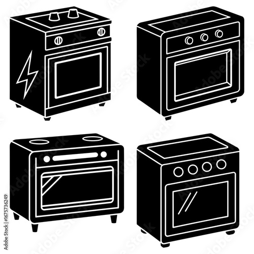 Illustration of four different styles of black and white ovens with varying control panel configurations