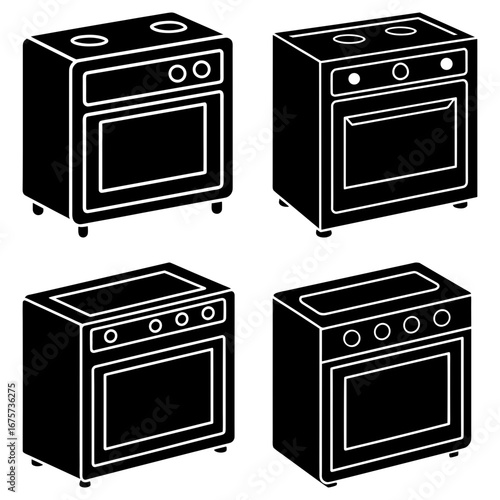 Four black and white illustrations of kitchen ovens with stovetops and control panels in a grid layout