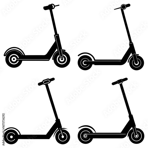 Four black silhouettes of electric scooters in various orientations on a white background design element