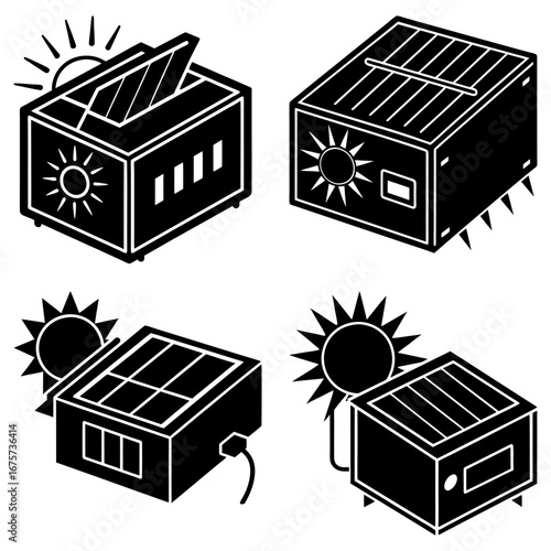 Illustration showing four solar powered generators with sun icons in a black and white design style
