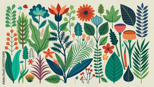 Vibrant mid century modern botanical illustration with diverse flora
